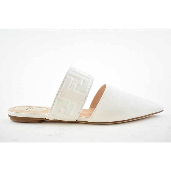 Fendi Motif FF Logo Snow White Leather Pointed Toe Ballerina Ballet Mule Flat 37 - Picture 3 of 12
